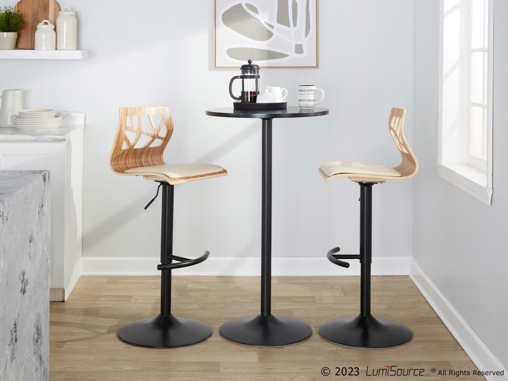 Folia Adjustable Barstool - Set of 2 - Black Metal, Zebra Wood, Cream PU