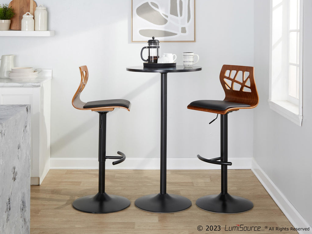 Folia Adjustable Barstool - Set Of 2 - Black Metal, Walnut Wood, Black PU
