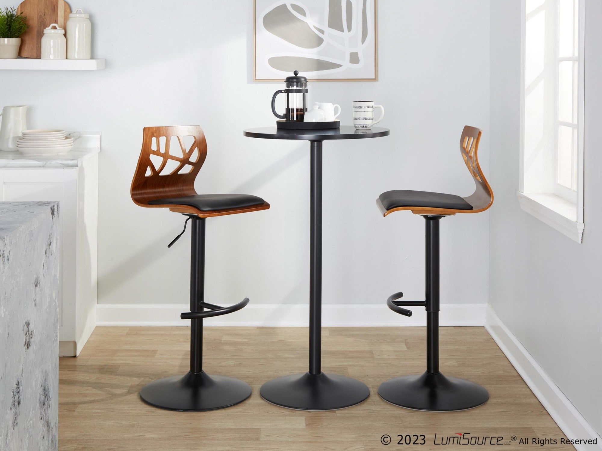 Folia Adjustable Barstool - Set Of 2 - Black Metal, Walnut Wood, Black PU