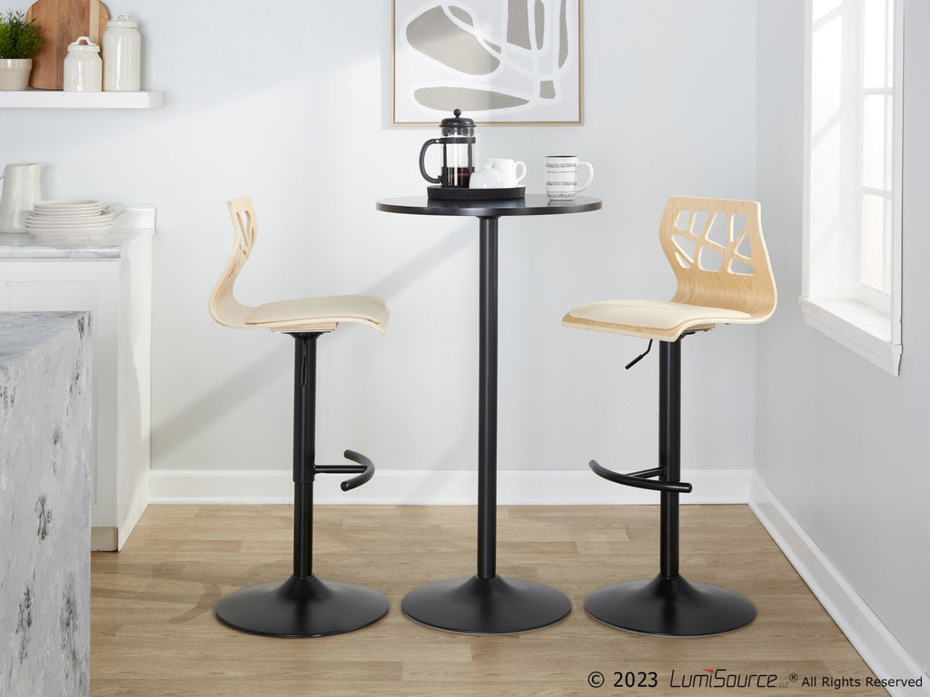 Folia Adjustable Barstool - Set of 2 - Black Metal, Natural Wood, Cream PU