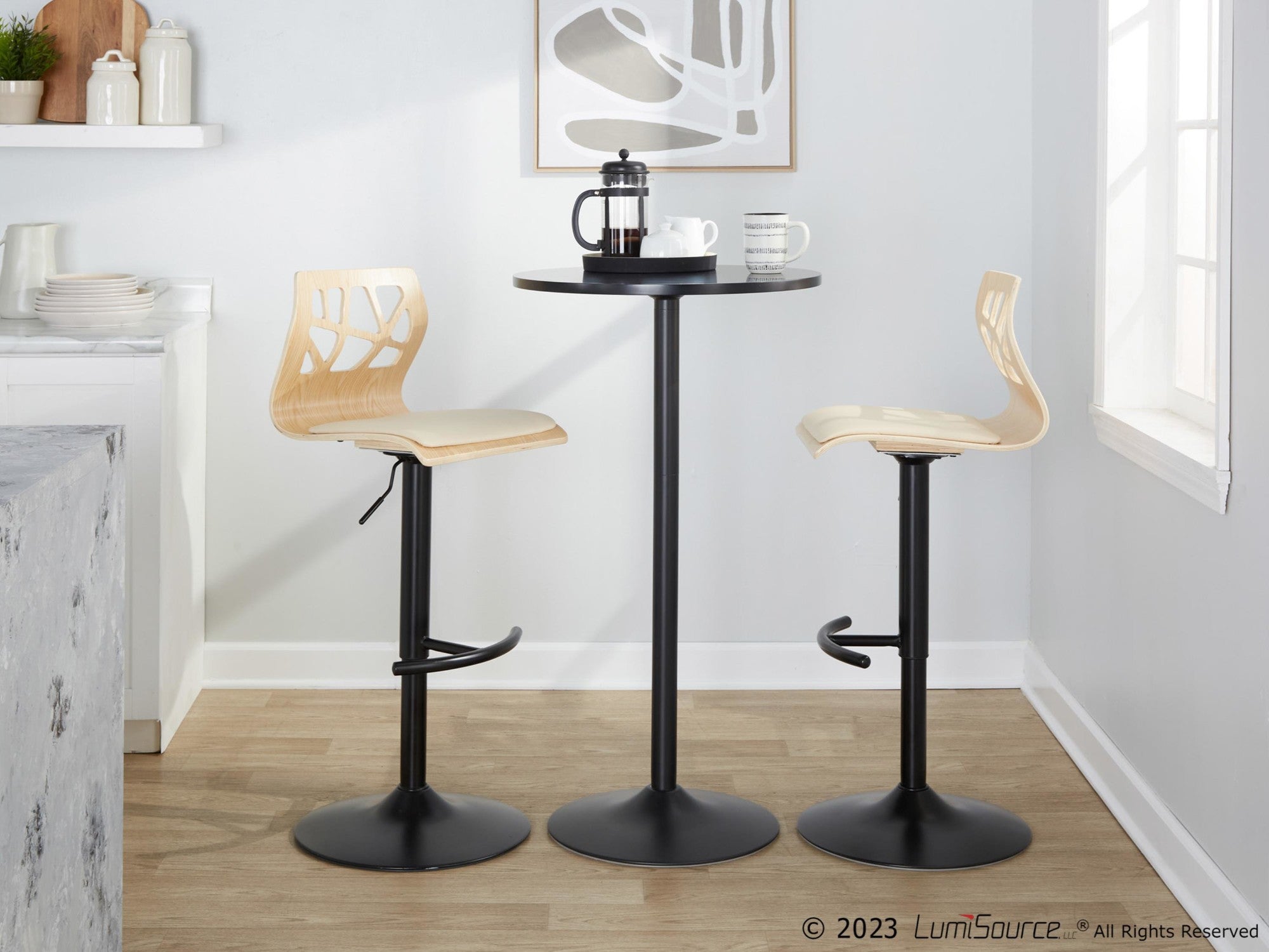Folia Adjustable Barstool - Set of 2 - Black Metal, Natural Wood, Cream PU