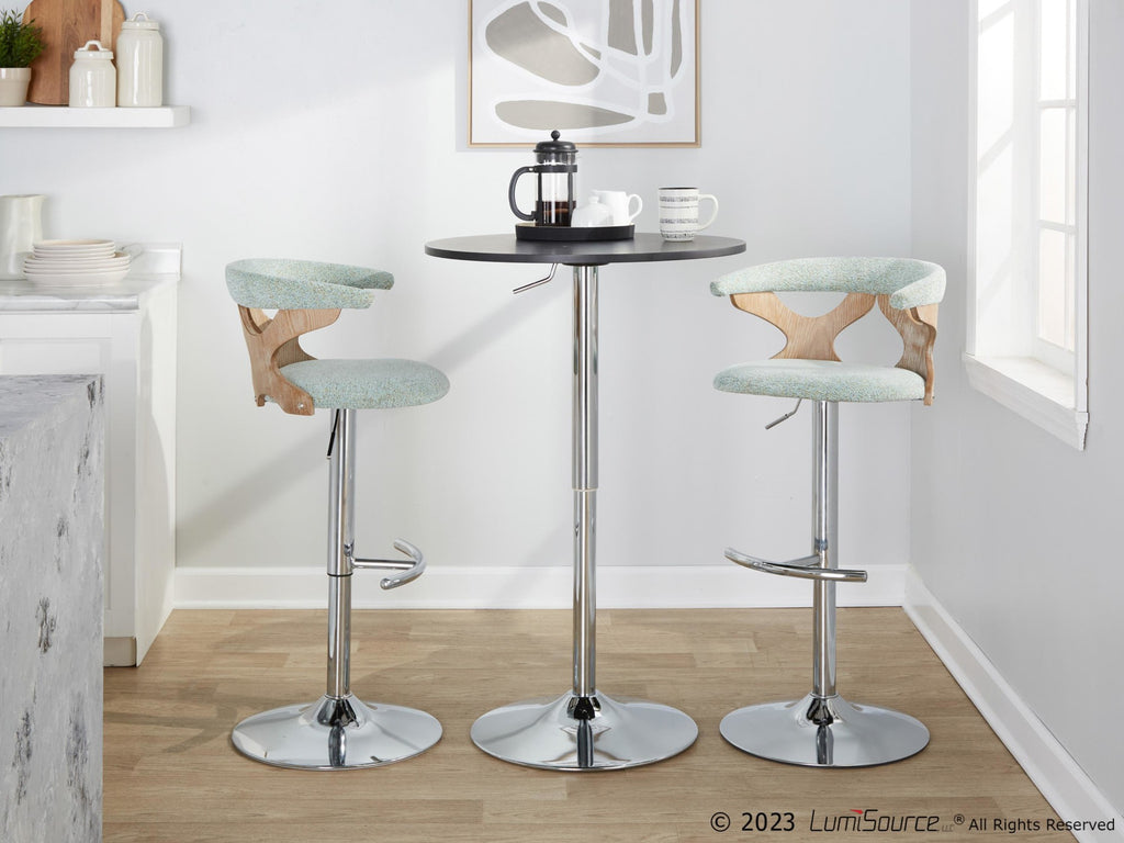 Gardenia Adjustable Barstool - Set of 2 - Chrome Metal, Whitewashed Wood, Seafoam Green Fabric