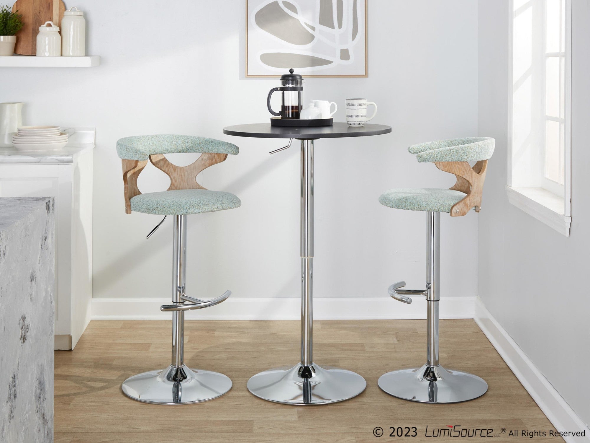 Gardenia Adjustable Barstool - Set of 2 - Chrome Metal, Whitewashed Wood, Seafoam Green Fabric