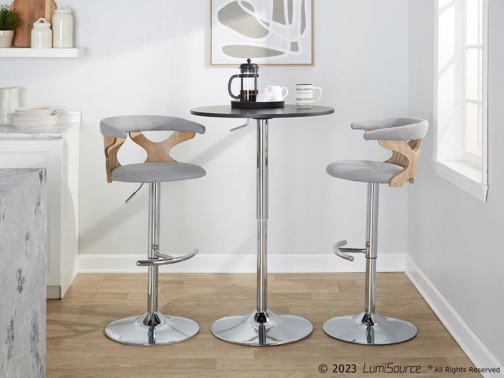 Gardenia Adjustable Barstool - Set of 2 - Chrome Metal, Whitewashed Wood, Oat Fabric
