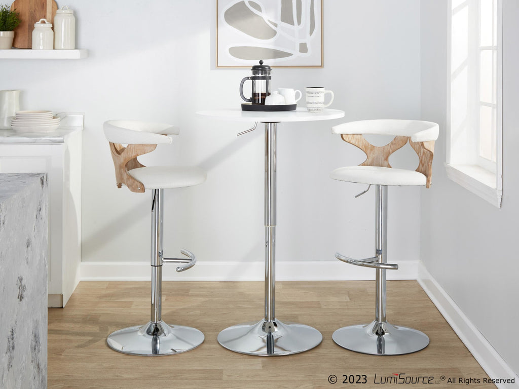 Gardenia Adjustable Barstool - Set of 2 - Chrome Metal, Whitewashed Wood, Cream Fabric