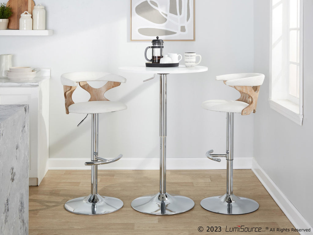 Gardenia Adjustable Barstool - Set of 2 - Chrome Metal, Whitewashed Wood, Cream Fabric