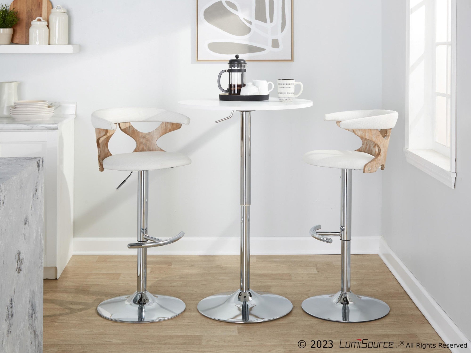 Gardenia Adjustable Barstool - Set of 2 - Chrome Metal, Whitewashed Wood, Cream Fabric