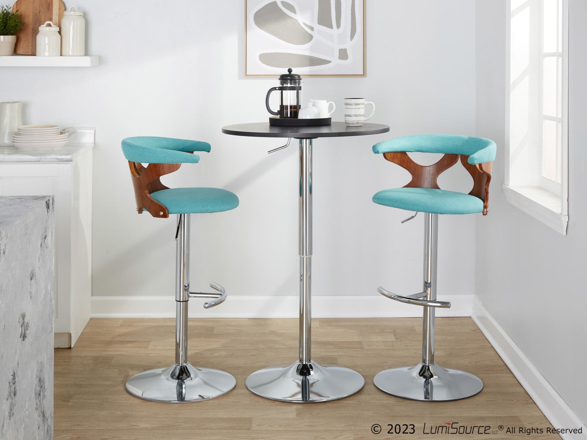 Gardenia Adjustable Barstool - Set of 2 - Chrome Metal, Walnut Wood, Teal Fabric