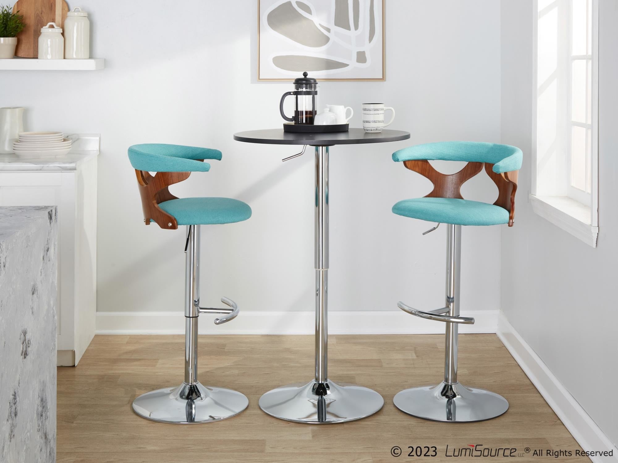 Gardenia Adjustable Barstool - Set of 3 - Chrome Metal, Walnut Wood, Teal Fabric