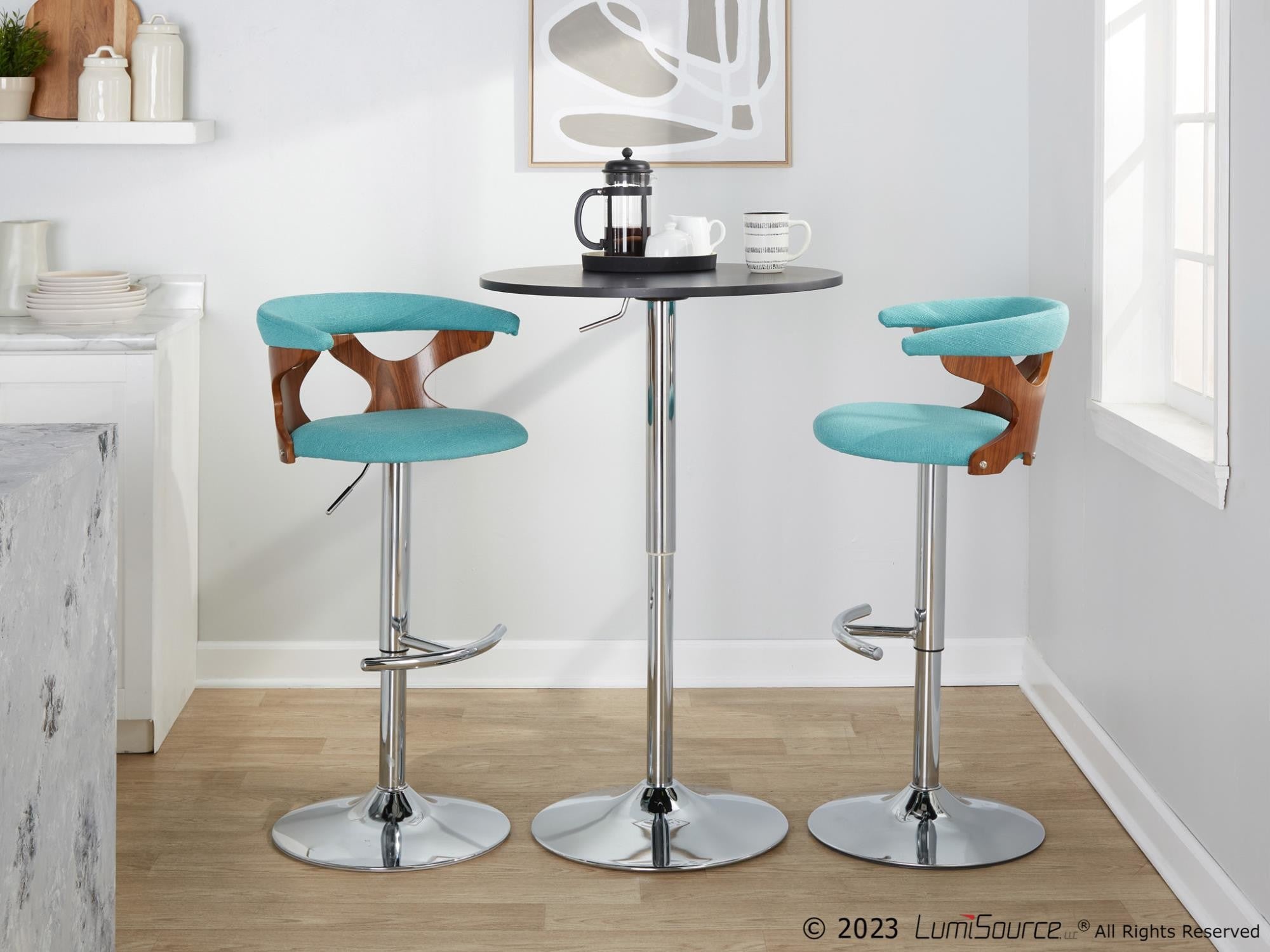 Gardenia Adjustable Barstool - Set of 3 - Chrome Metal, Walnut Wood, Teal Fabric