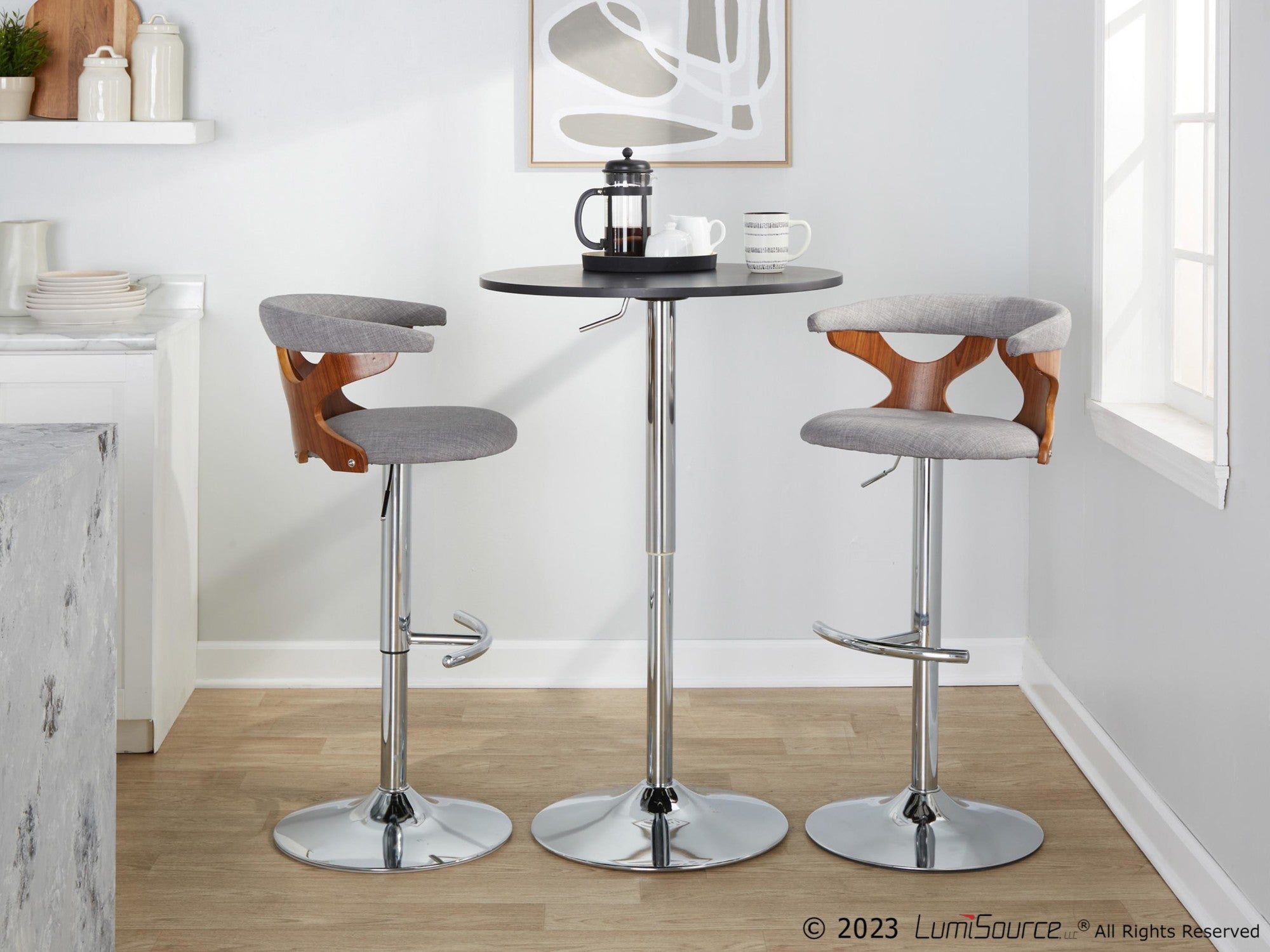Gardenia Adjustable Barstool - Set of 2 - Chrome Metal, Walnut Wood, Light Grey Fabric