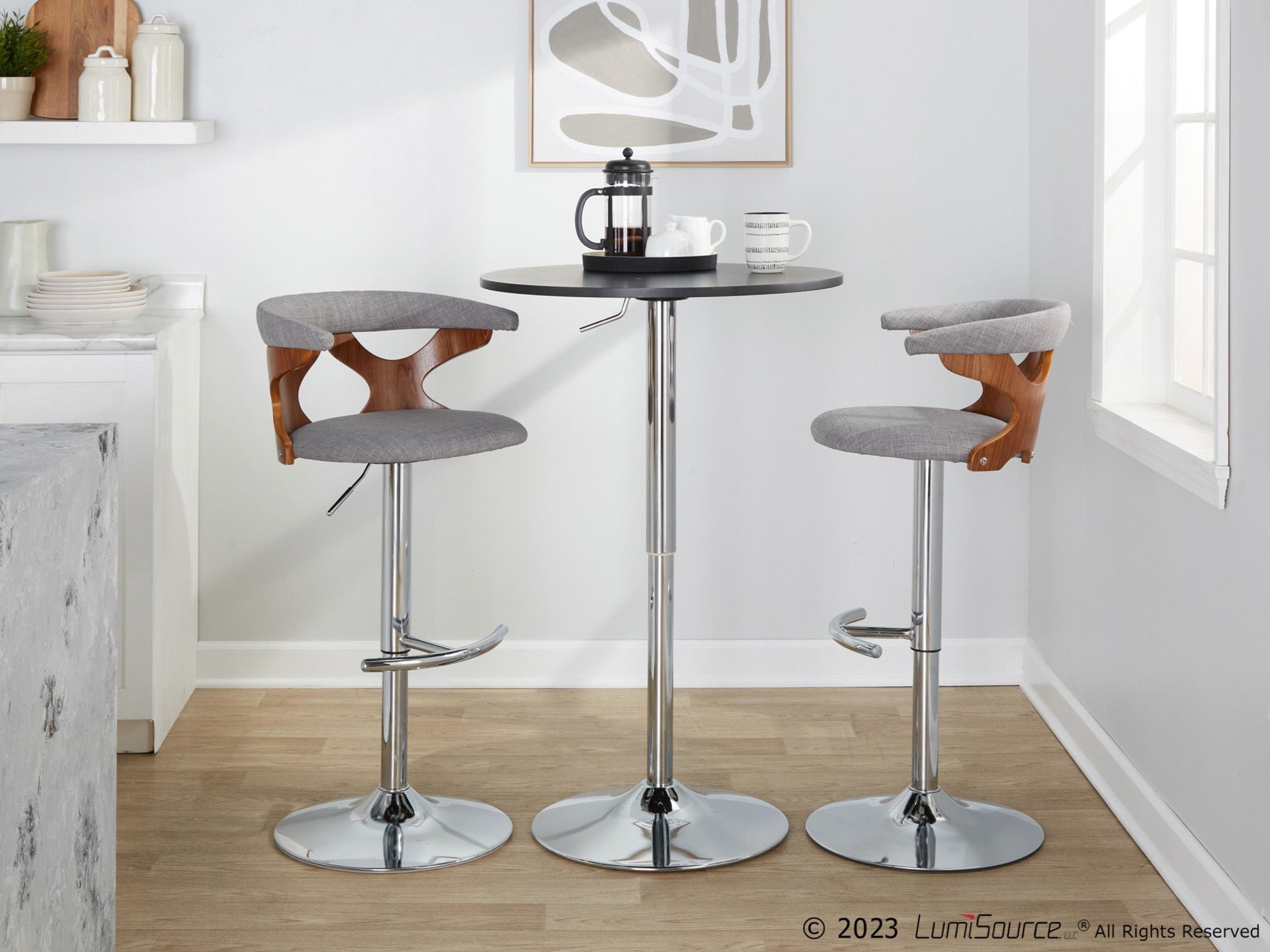 Gardenia Adjustable Barstool - Set of 2 - Chrome Metal, Walnut Wood, Light Grey Fabric