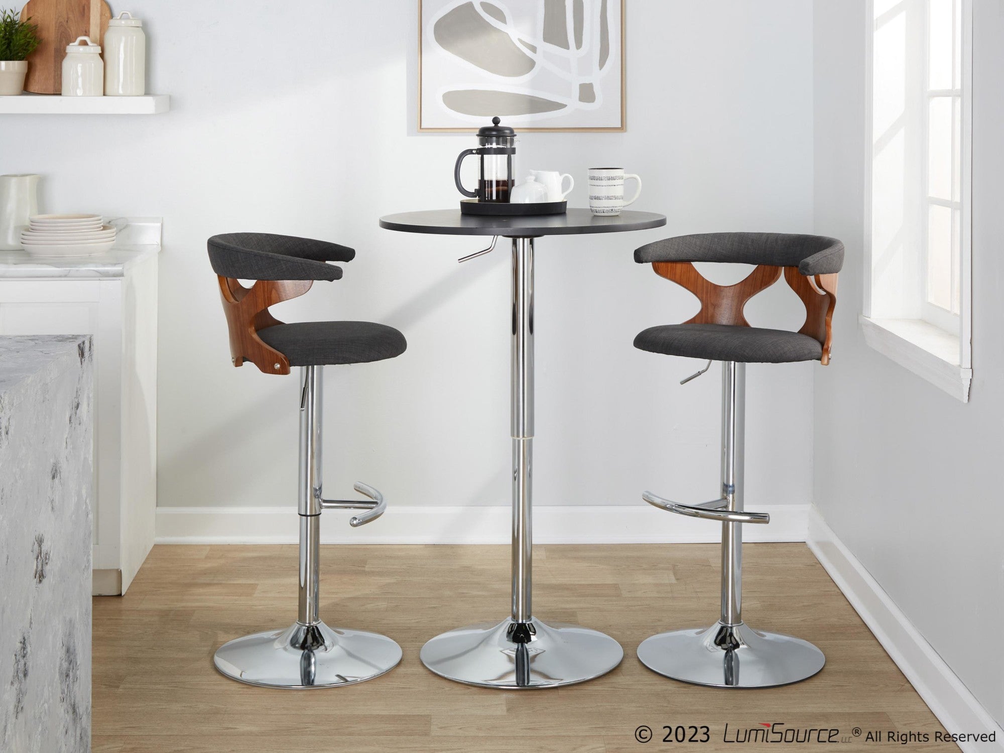 Gardenia Adjustable Barstool - Set of 2 - Chrome Metal, Walnut Wood, Charcoal Fabric