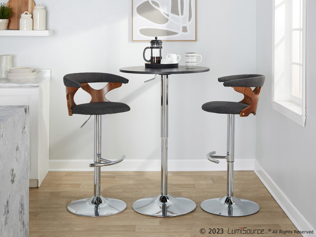 Gardenia Adjustable Barstool - Set of 2 - Chrome Metal, Walnut Wood, Charcoal Fabric