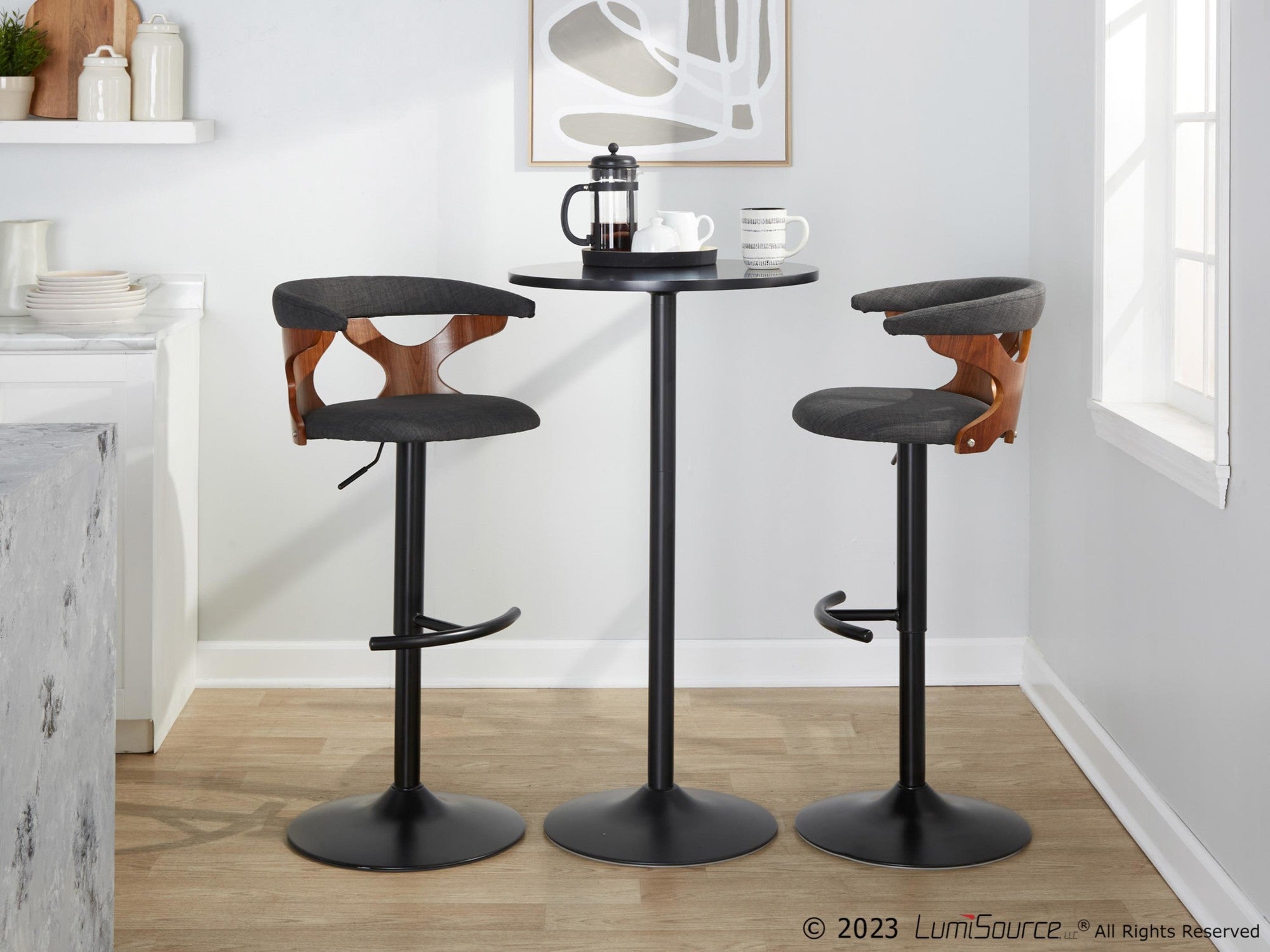 Gardenia Adjustable Barstool - Set of 2 - Black Metal, Walnut Wood, Charcoal Fabric