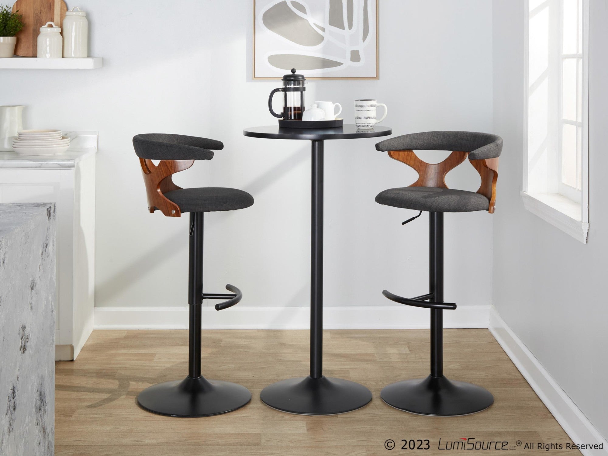 Gardenia Adjustable Barstool - Set of 2 - Black Metal, Walnut Wood, Charcoal Fabric