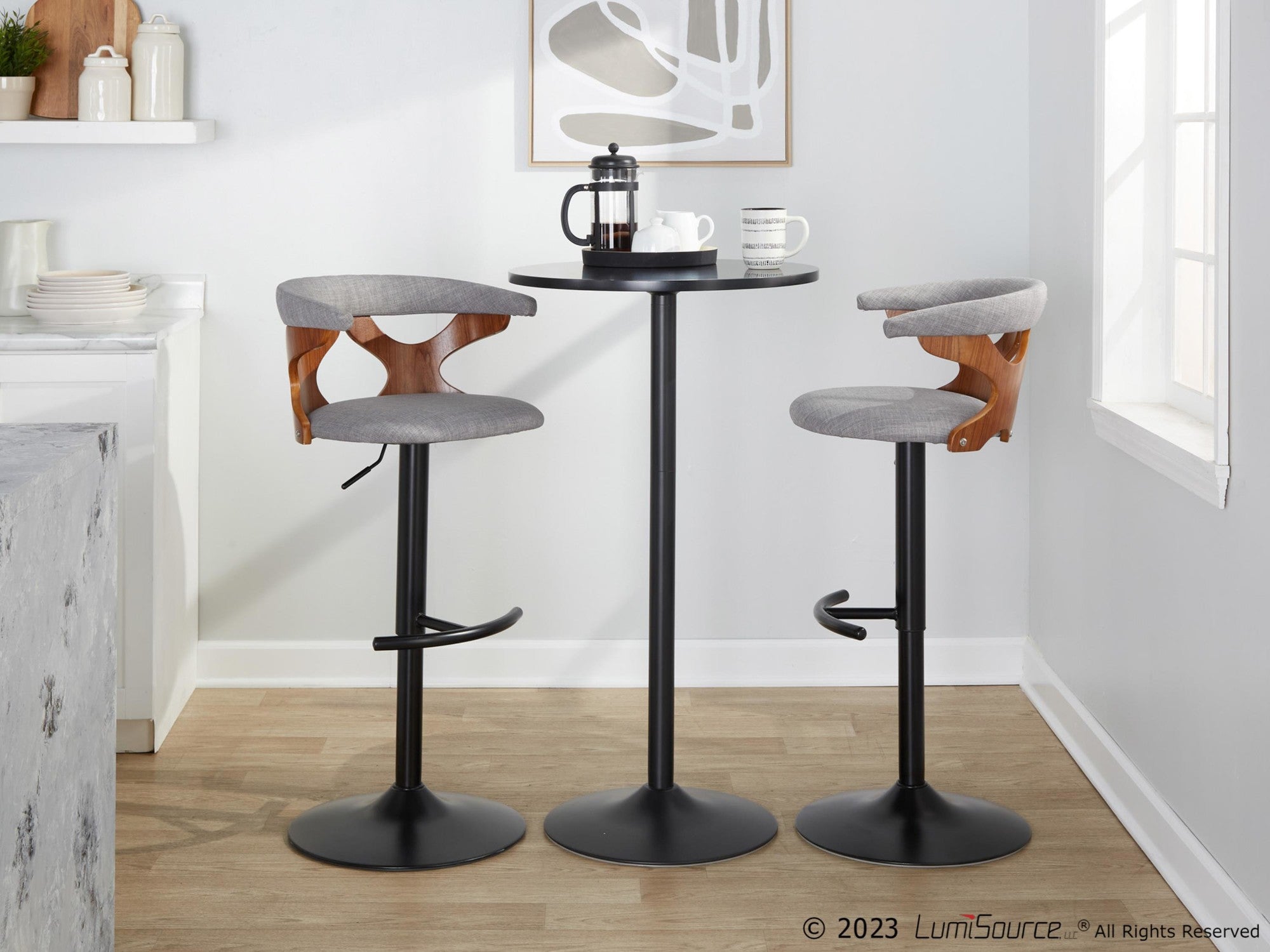 Gardenia Adjustable Barstool - Set of 2 - Black Metal, Walnut Wood, Light Grey Fabric