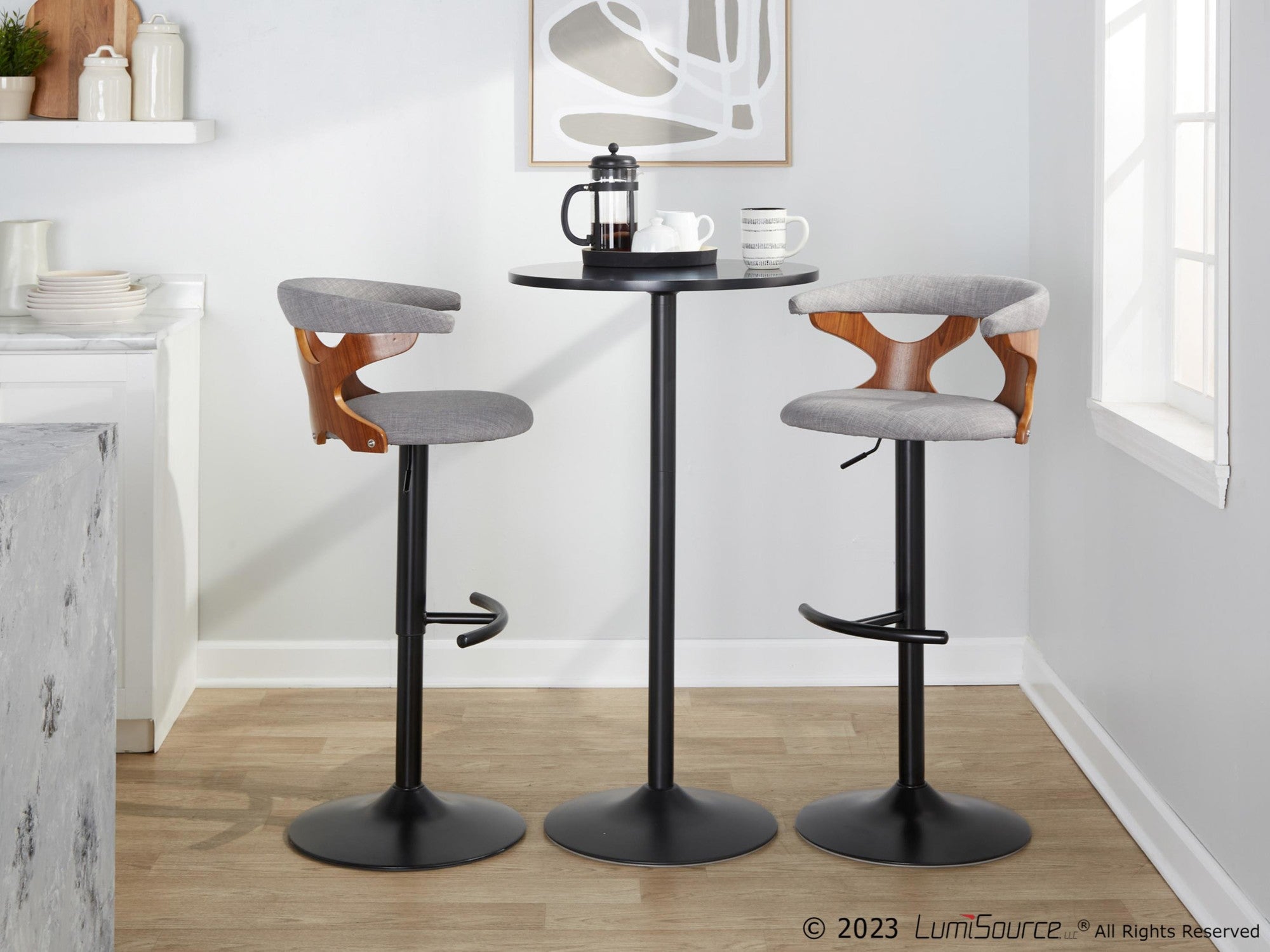 Gardenia Adjustable Barstool - Set of 2 - Black Metal, Walnut Wood, Light Grey Fabric