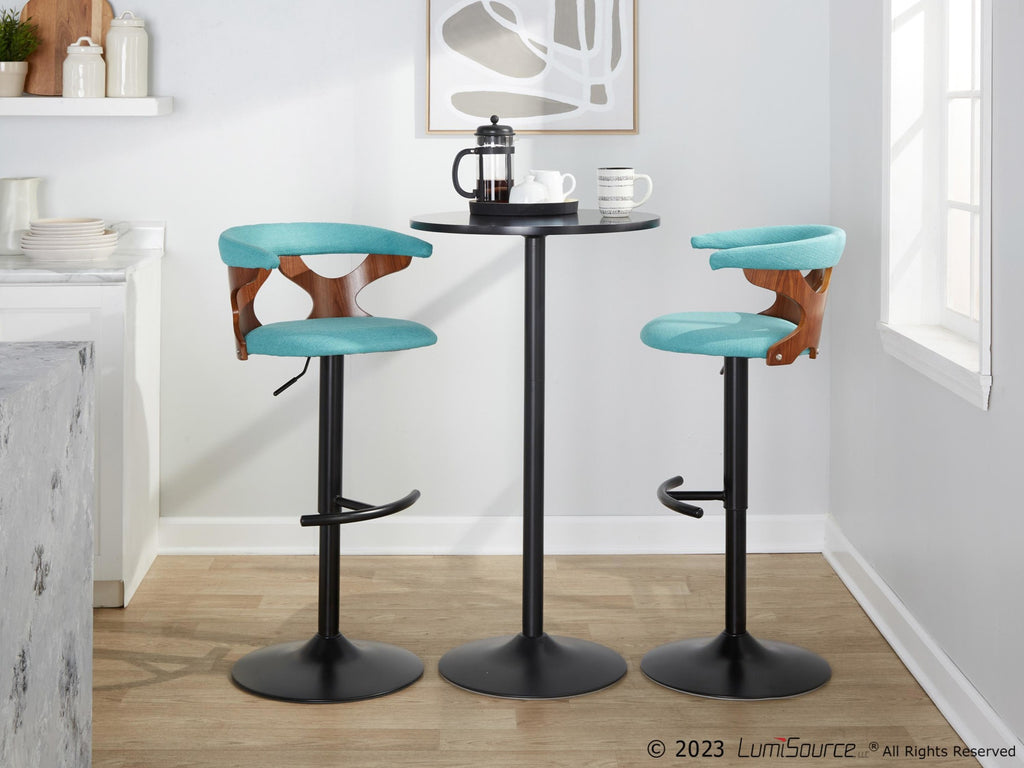 Gardenia Adjustable Barstool - Set of 2 - Black Metal, Walnut Wood, Teal Fabric