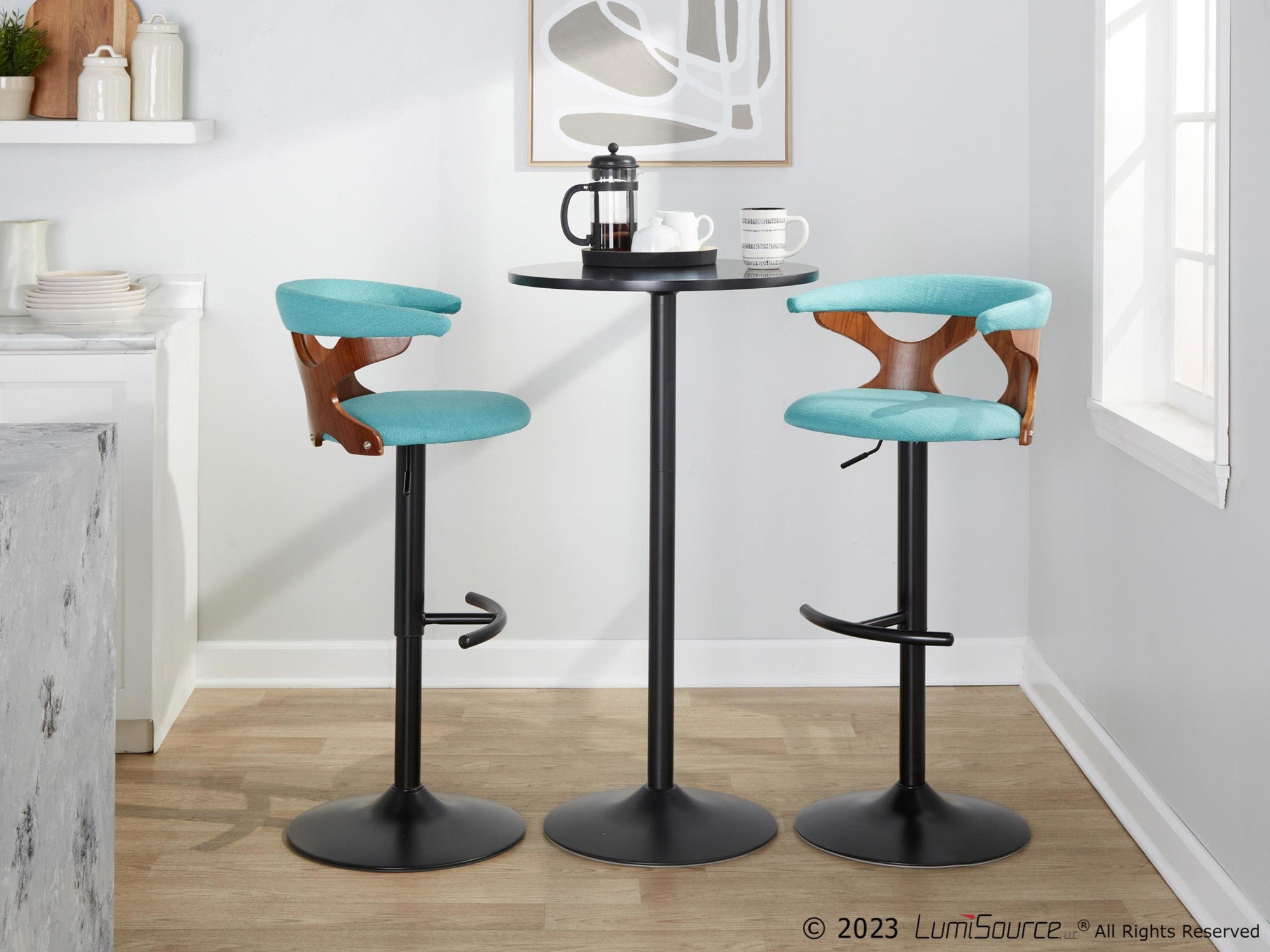 Gardenia Adjustable Barstool - Set of 2 - Black Metal, Walnut Wood, Teal Fabric