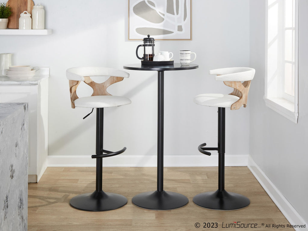 Gardenia Adjustable Barstool - Set of 2 - Whitewashed Wood, Black Metal, Cream Fabric