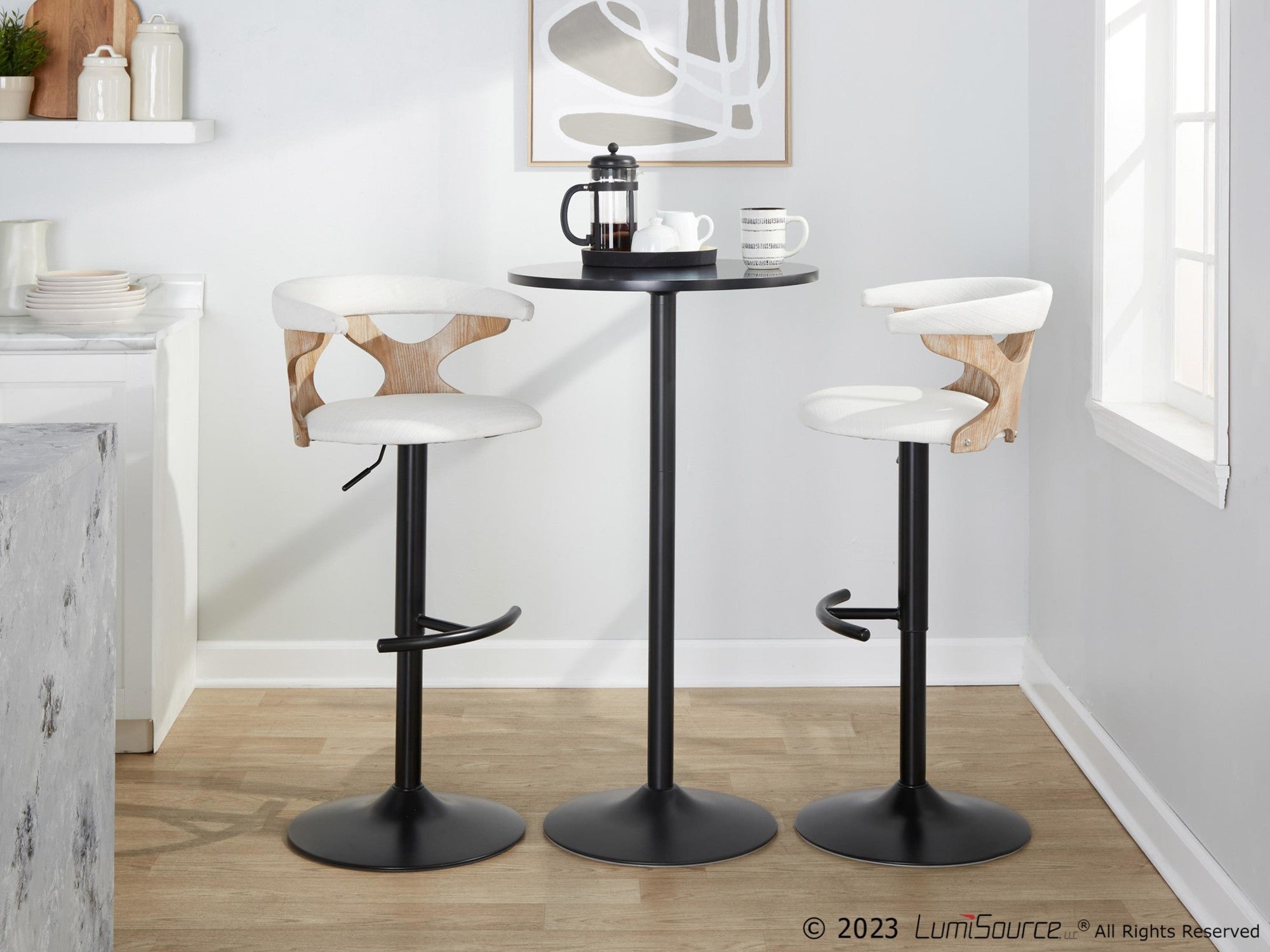 Gardenia Adjustable Barstool - Set of 2 - Whitewashed Wood, Black Metal, Cream Fabric
