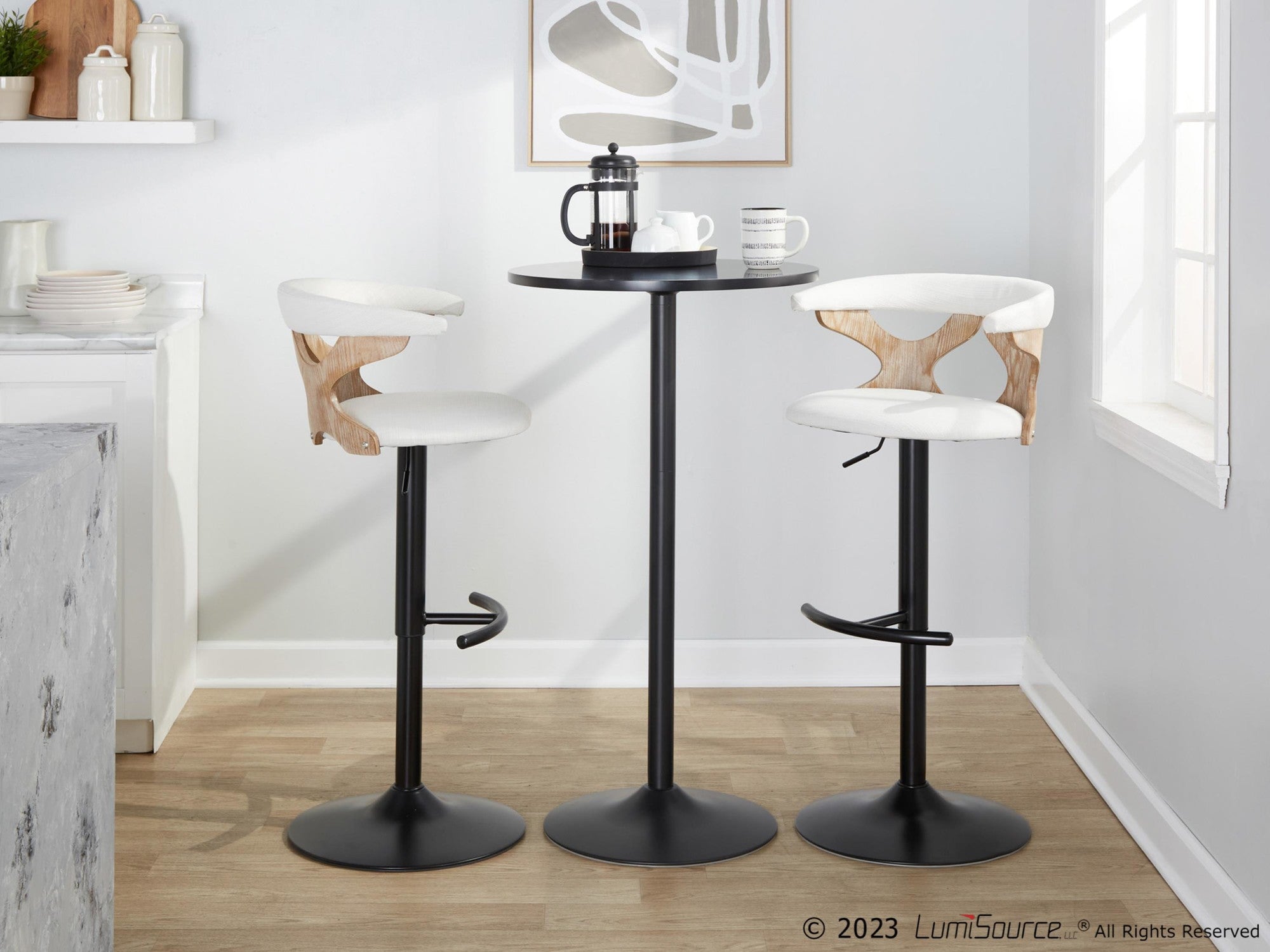 Gardenia Adjustable Barstool - Set of 2 - Whitewashed Wood, Black Metal, Cream Fabric