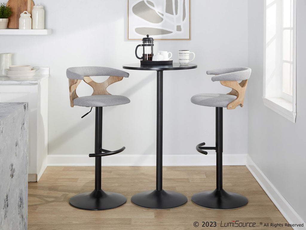 Gardenia Adjustable Barstool - Set of 2 - Whitewashed Wood, Black Metal, Light Grey Fabric