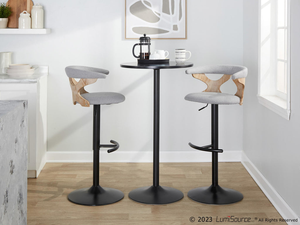 Gardenia Adjustable Barstool - Set of 2 - Whitewashed Wood, Black Metal, Light Grey Fabric