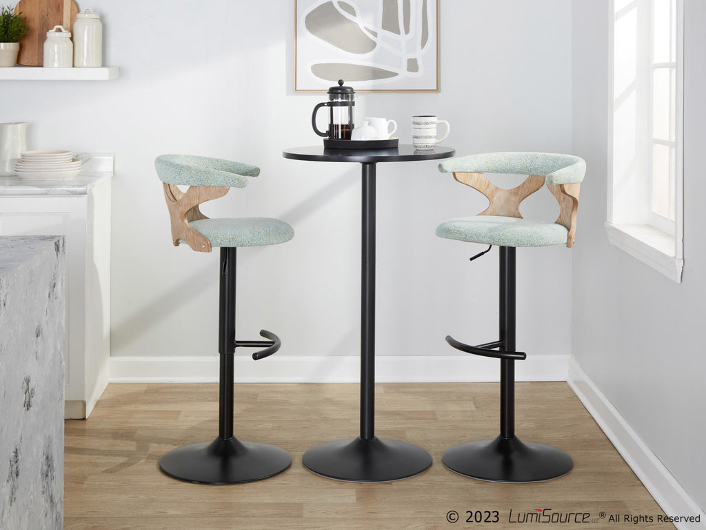 Gardenia Adjustable Barstool - Set of 2 - Whitewashed Wood, Black Metal, Seafoam Green Fabric