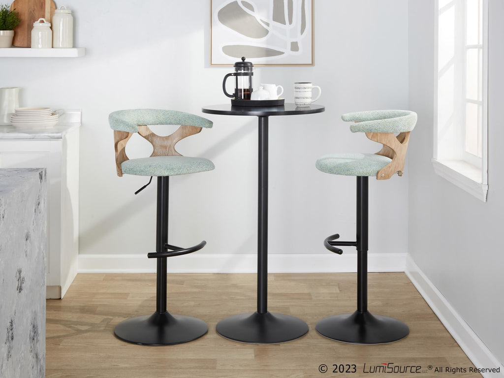 Gardenia Adjustable Barstool - Set of 2 - Whitewashed Wood, Black Metal, Seafoam Green Fabric