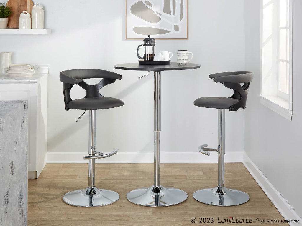 Gardenia Adjustable Barstool - Set of 2 - Black Wood, Chrome Metal, Grey PU