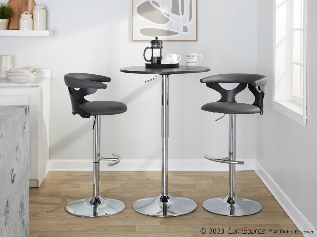 Gardenia Adjustable Barstool - Set of 2 - Black Wood, Chrome Metal, Grey PU