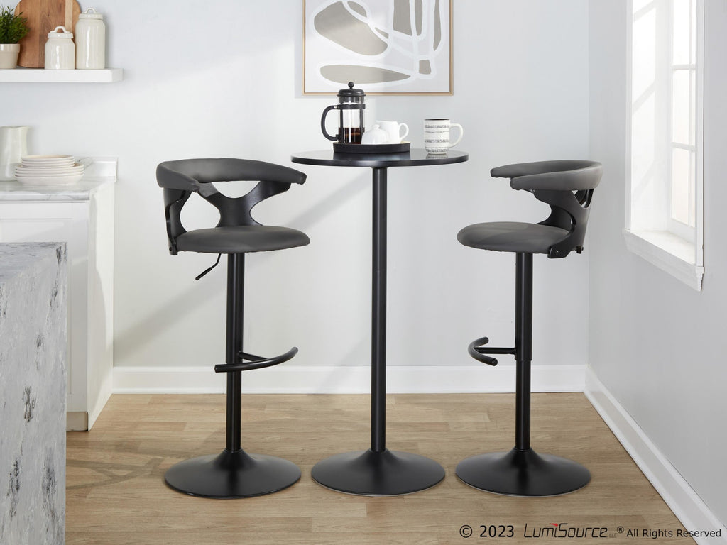 Gardenia Adjustable Barstool - Set of 2 - Black Wood, Black Metal, Grey PU