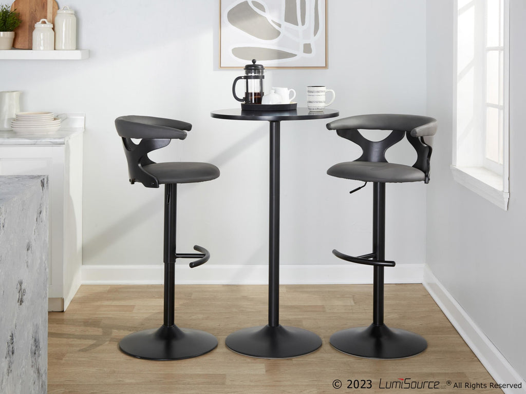 Gardenia Adjustable Barstool - Set of 2 - Black Wood, Black Metal, Grey PU