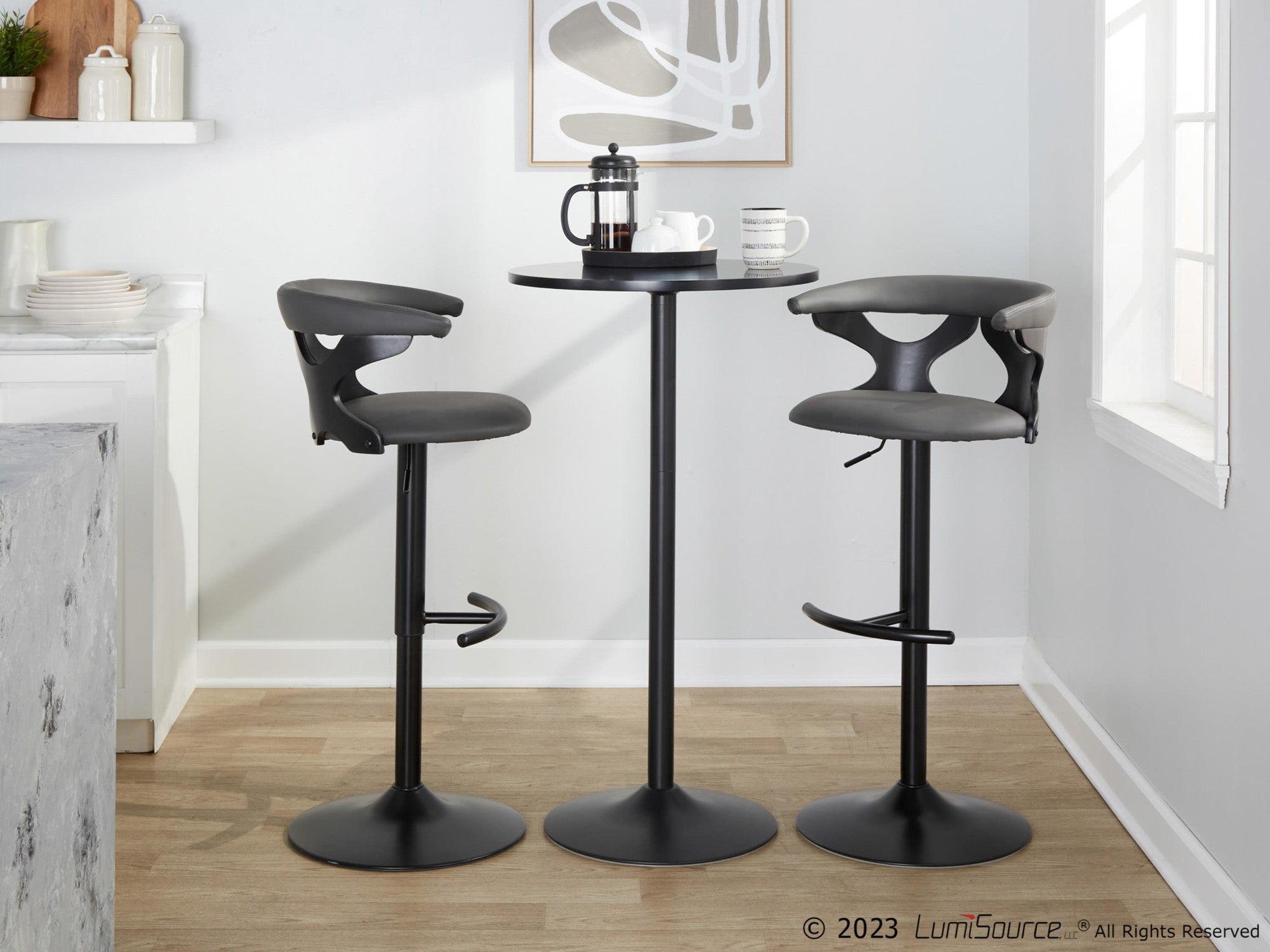 Gardenia Adjustable Barstool - Set of 2 - Black Wood, Black Metal, Grey PU