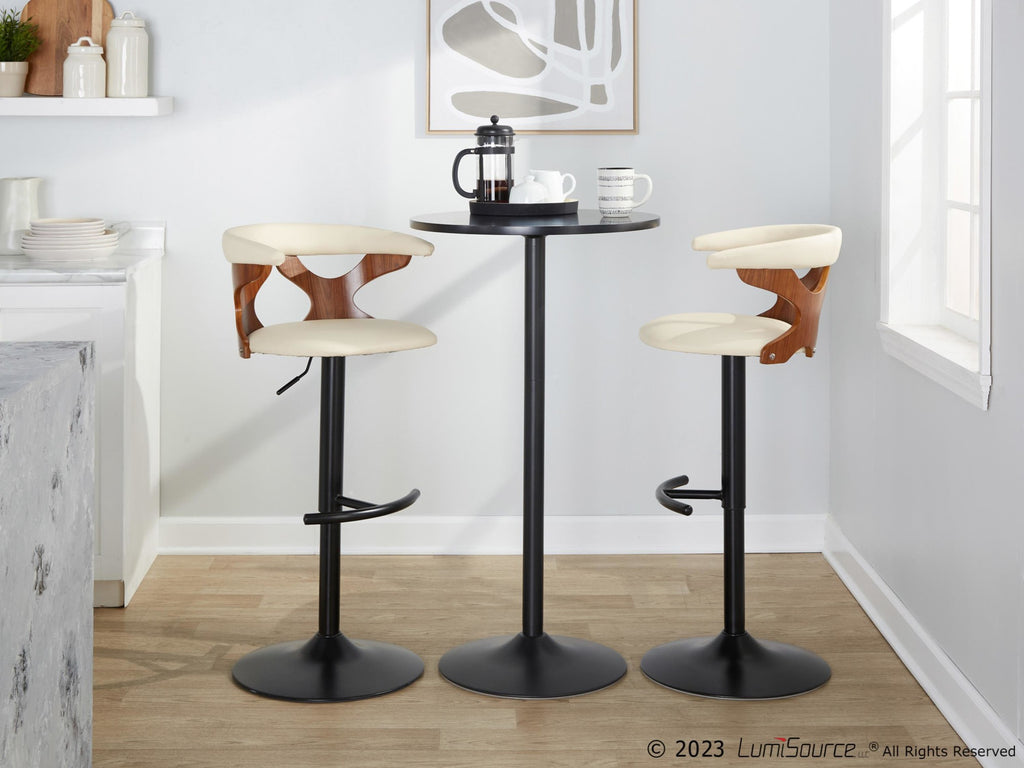 Gardenia Adjustable Barstool - Set of 2 - Chrome Metal, Walnut Wood, Cream PU