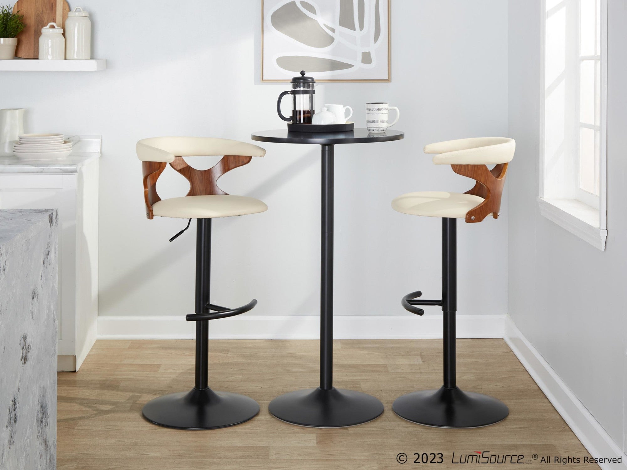 Gardenia Adjustable Barstool - Set of 2 - Chrome Metal, Walnut Wood, Cream PU
