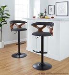 Gardenia Adjustable Barstool - Set of 2 - Black Metal, Walnut Wood, Charcoal Fabric