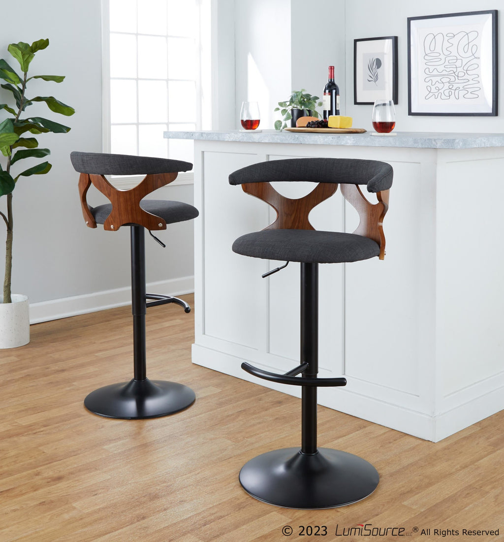 Gardenia Adjustable Barstool - Set of 2 - Black Metal, Walnut Wood, Charcoal Fabric