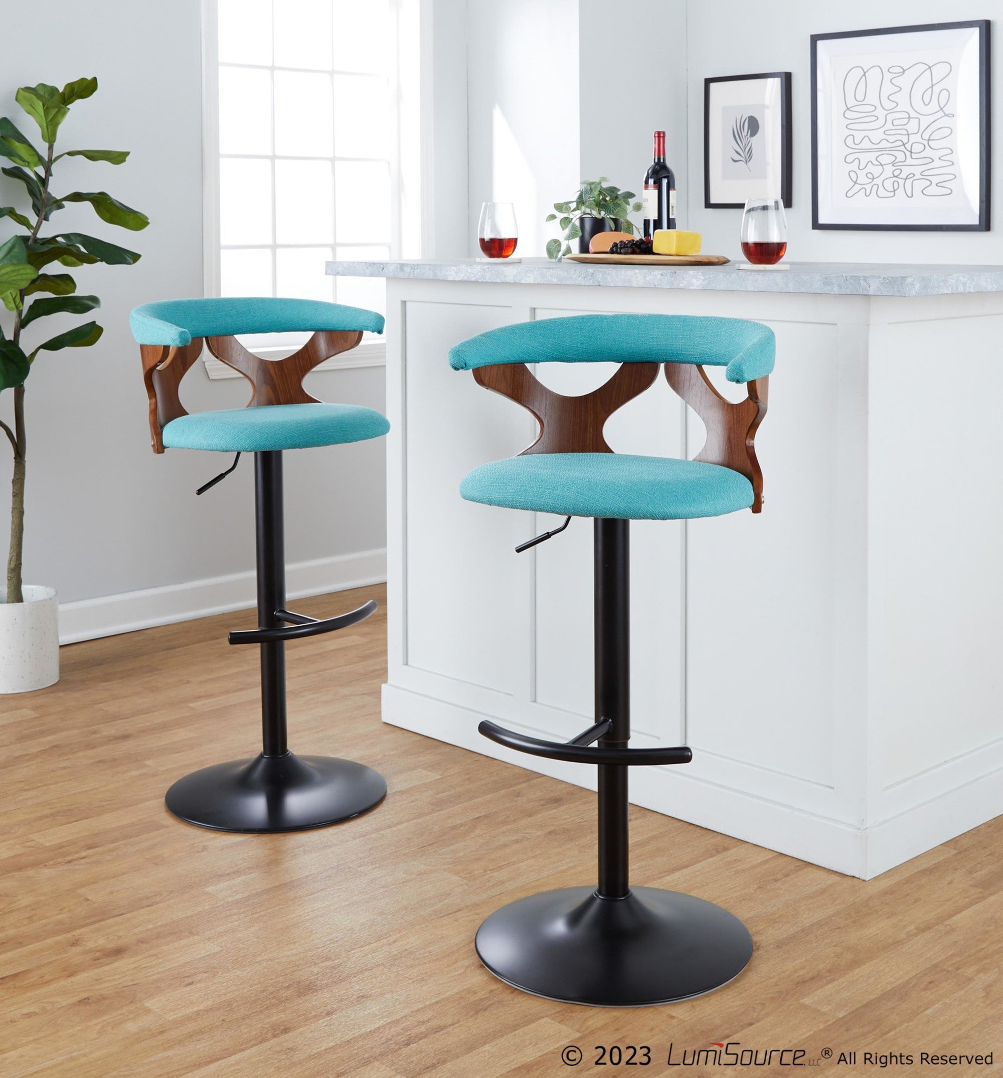 Gardenia Adjustable Barstool - Set of 2 - Black Metal, Walnut Wood, Teal Fabric