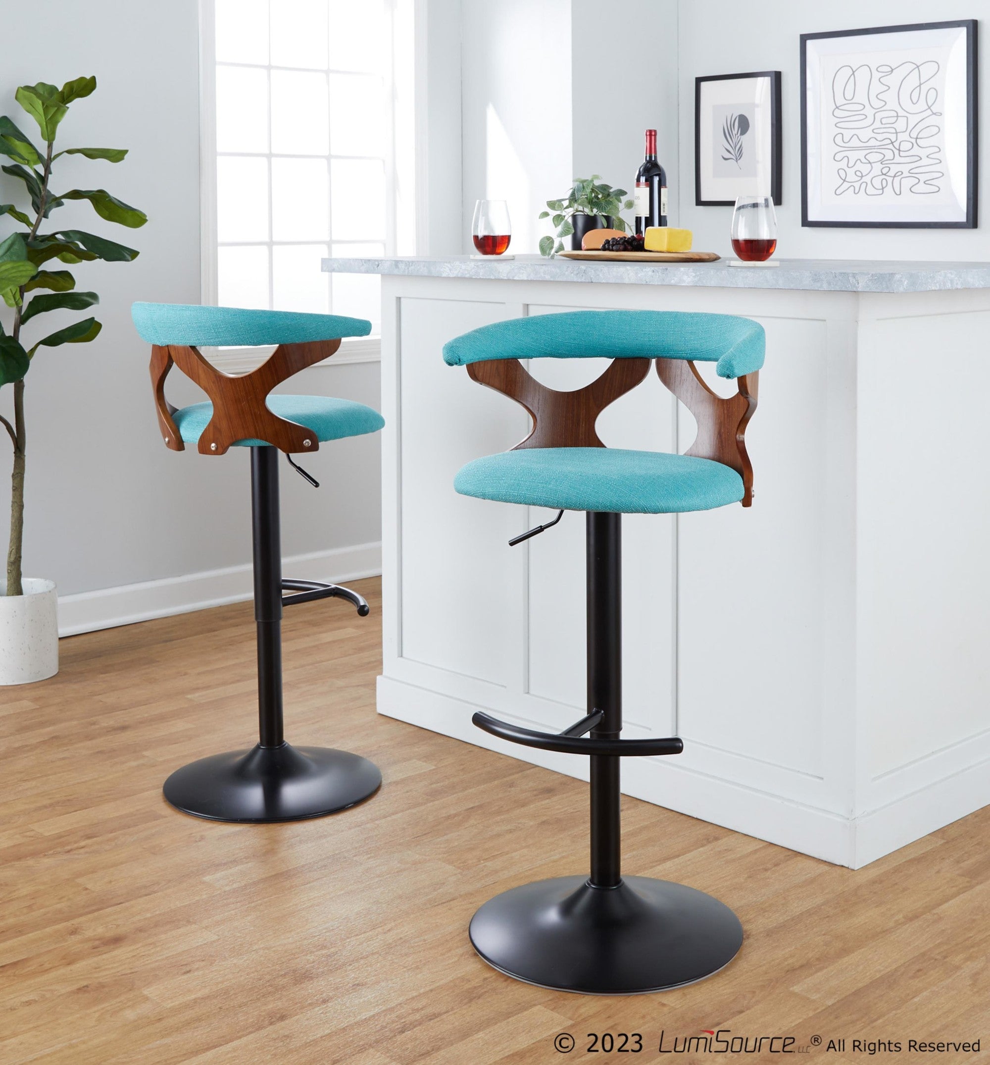 Gardenia Adjustable Barstool - Set of 2 - Black Metal, Walnut Wood, Teal Fabric
