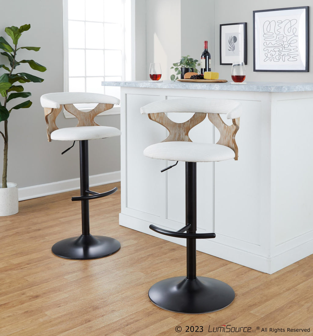 Gardenia Adjustable Barstool - Set of 2 - Whitewashed Wood, Black Metal, Cream Fabric