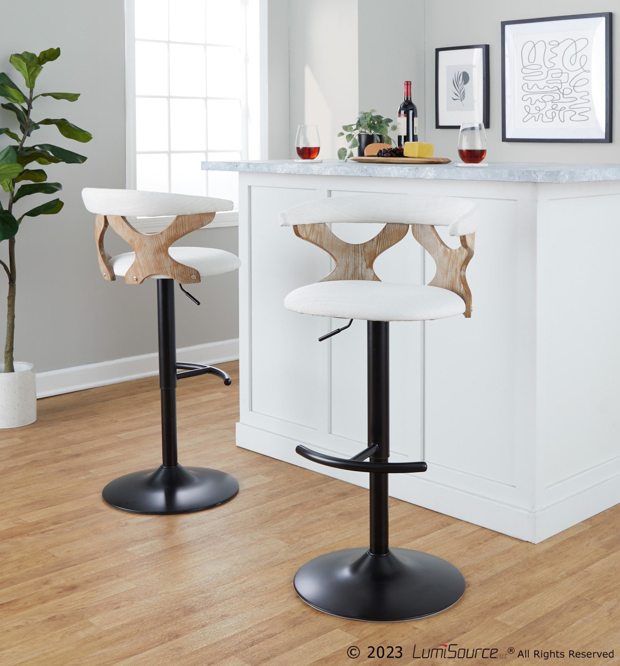 Gardenia Adjustable Barstool - Set of 2 - Whitewashed Wood, Black Metal, Cream Fabric