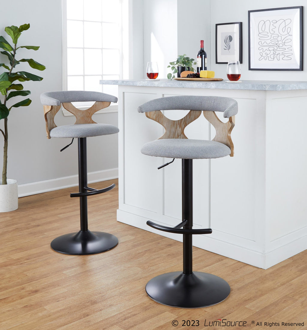 Gardenia Adjustable Barstool - Set of 2 - Whitewashed Wood, Black Metal, Light Grey Fabric