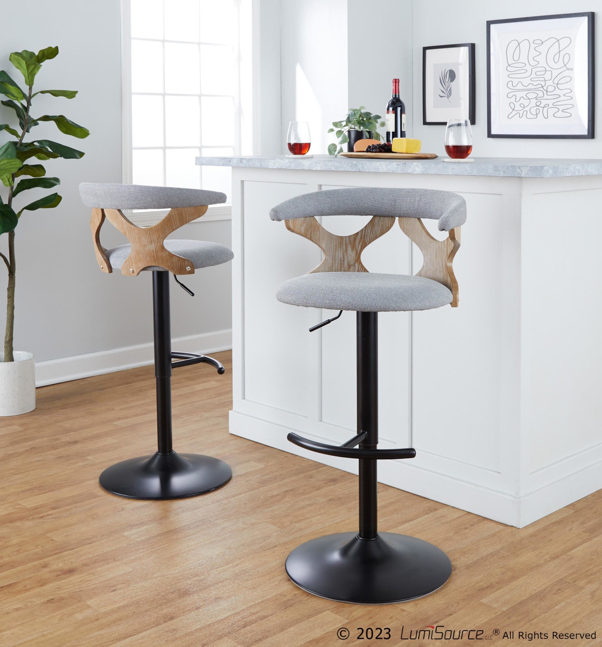 Gardenia Adjustable Barstool - Set of 2 - Whitewashed Wood, Black Metal, Light Grey Fabric
