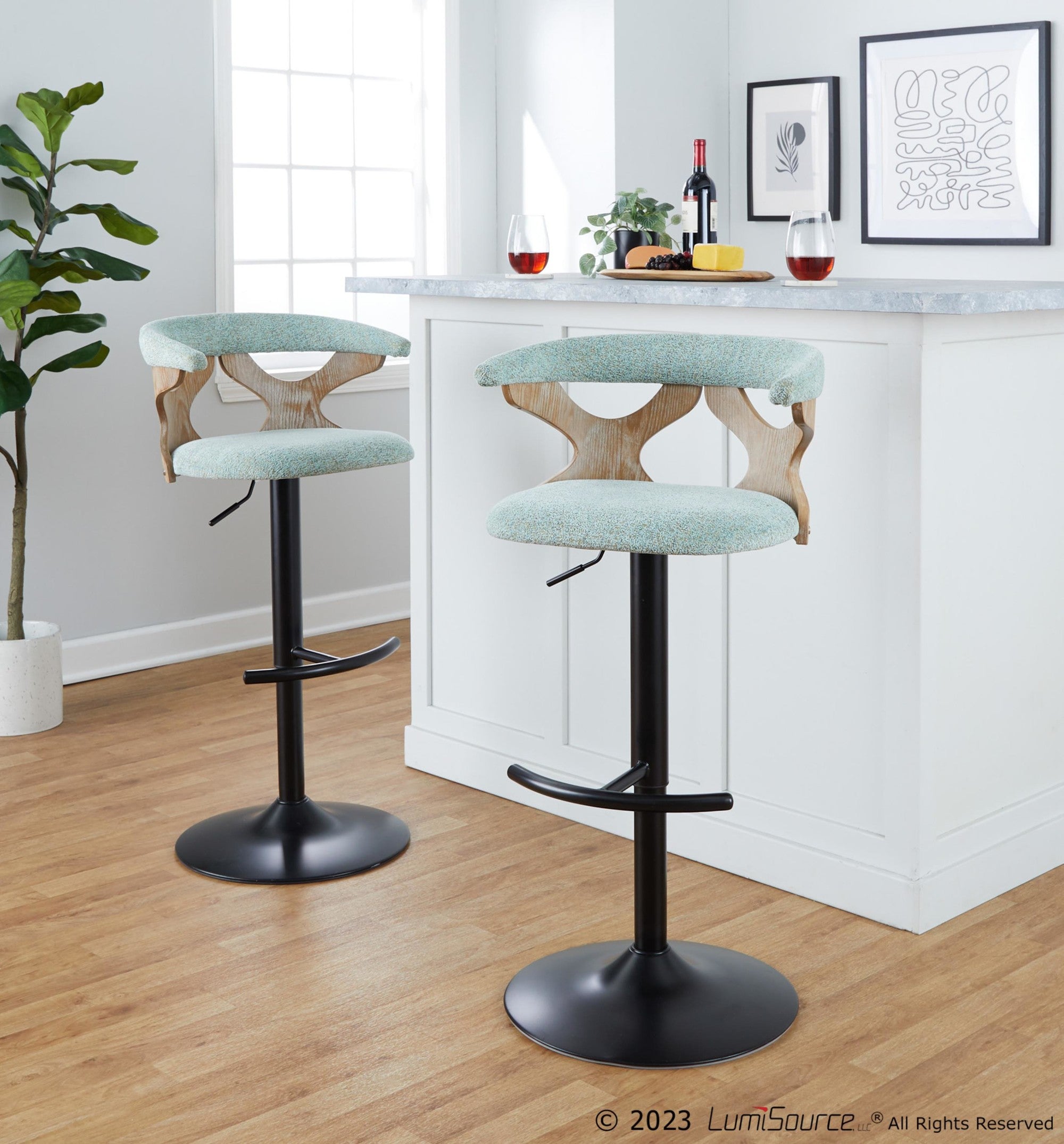 Gardenia Adjustable Barstool - Set of 2 - Whitewashed Wood, Black Metal, Seafoam Green Fabric