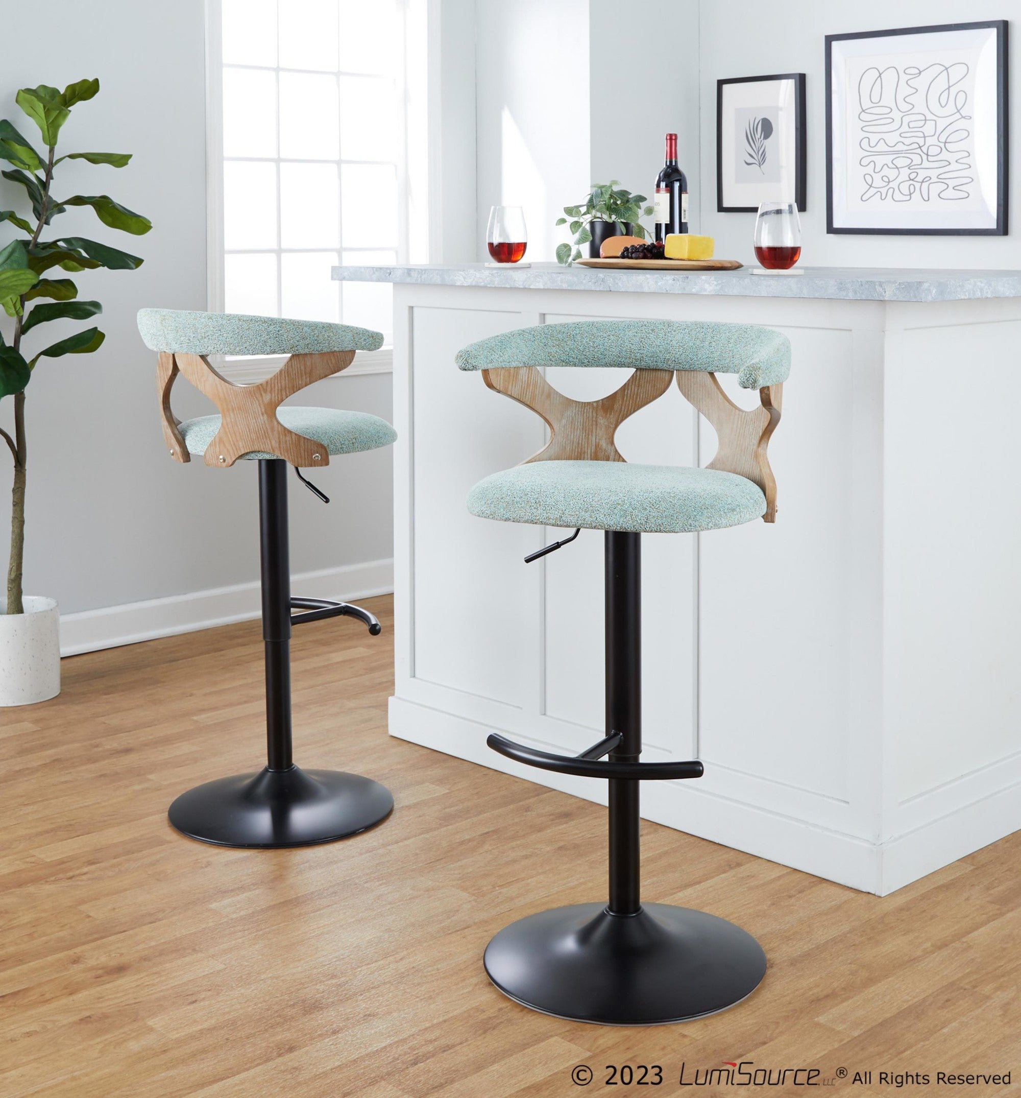 Gardenia Adjustable Barstool - Set of 2 - Whitewashed Wood, Black Metal, Seafoam Green Fabric