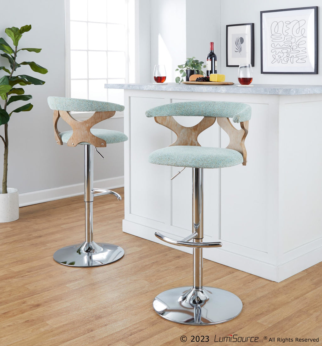 Gardenia Adjustable Barstool - Set of 2 - Chrome Metal, Whitewashed Wood, Seafoam Green Fabric