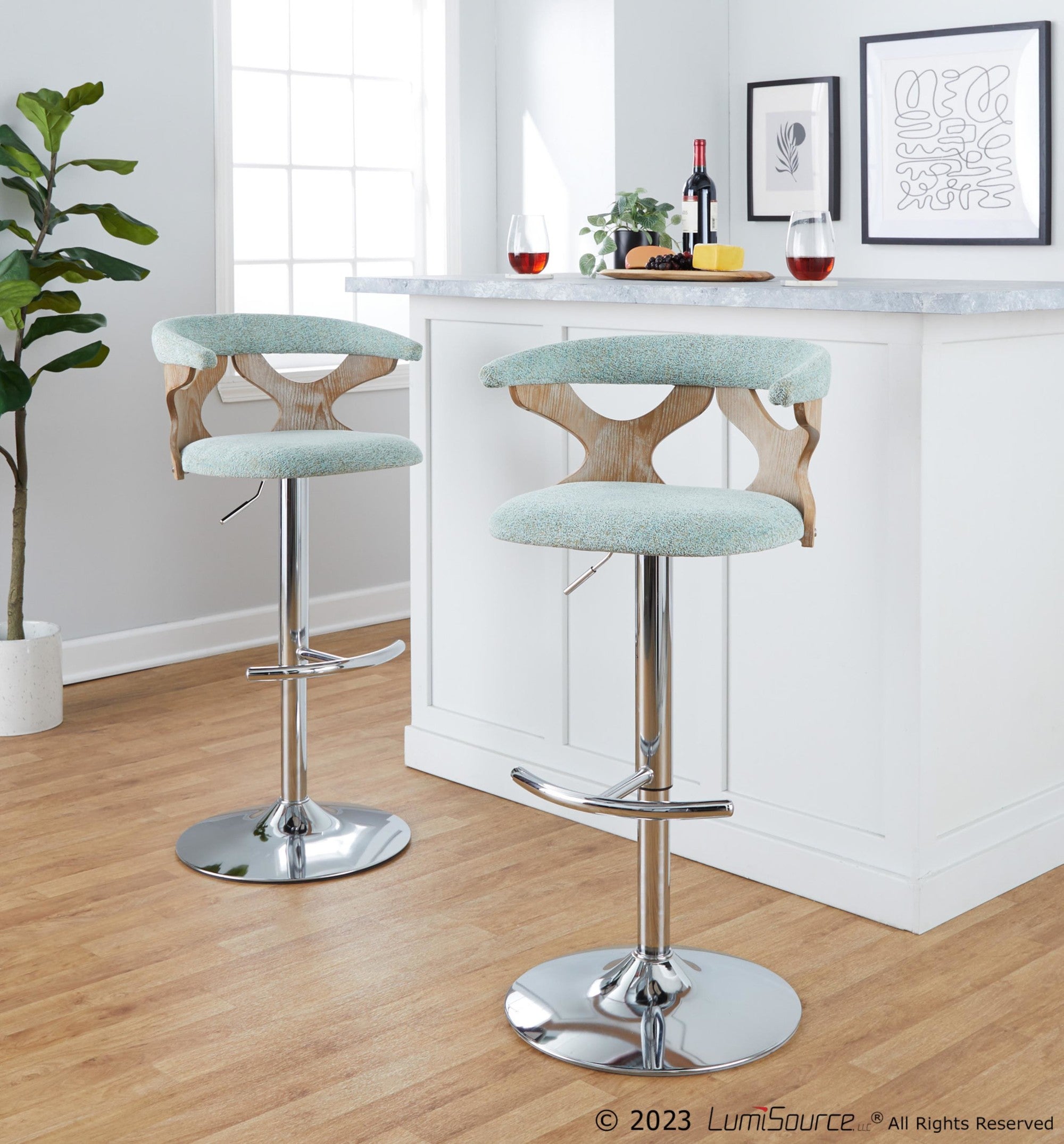 Gardenia Adjustable Barstool - Set of 2 - Chrome Metal, Whitewashed Wood, Seafoam Green Fabric